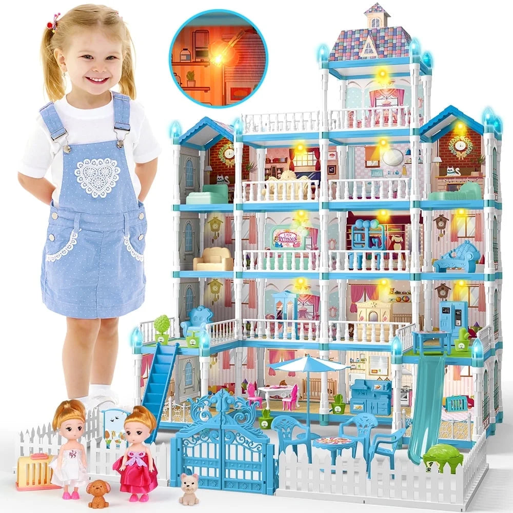 Doll House for Girls, 5-Story 19 Rooms Huge Dollhouse Playset with LED Lights, 2 Dolls, Furnitures, Accessories, DIY Pretend Play House Toys Gifts for Kids, Pink