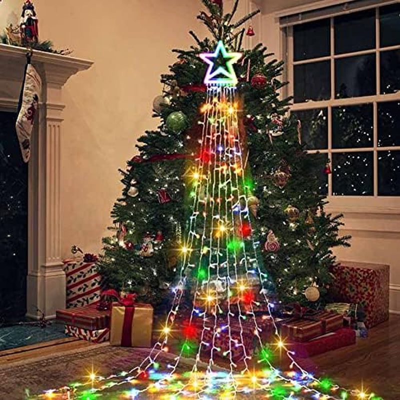 Outdoor Christmas Star String Lights, 317 LED 8 Modes Waterfall Tree Lights with Topper - Multicolor for Yard & Home