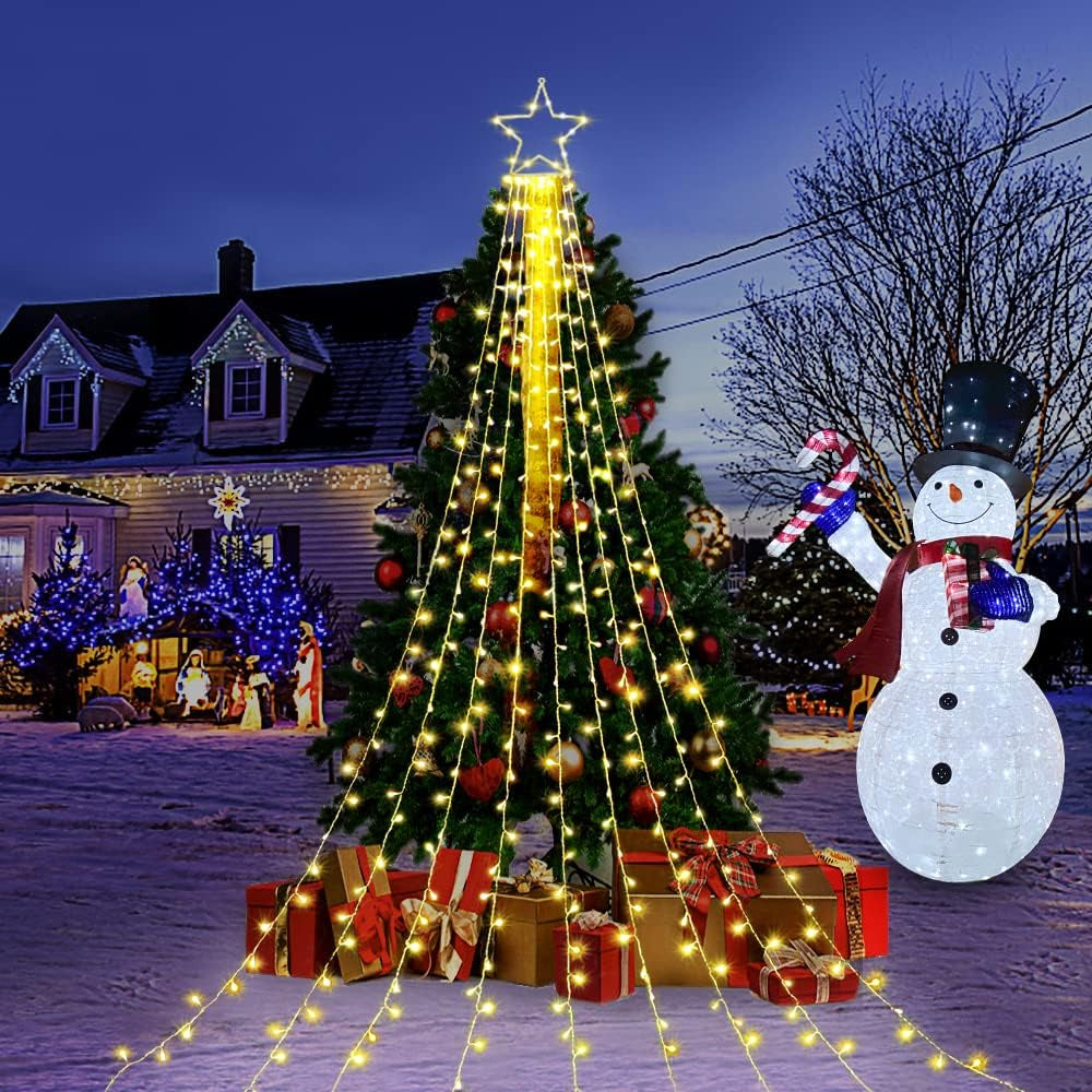 (New) Christmas Decoration Lights, 320 LED Waterfall Christmas Tree Lights with 12" Star Topper, 8 Modes Indoor Outdoor String Lights for Yard, Party, Home, Holiday (Warm White)