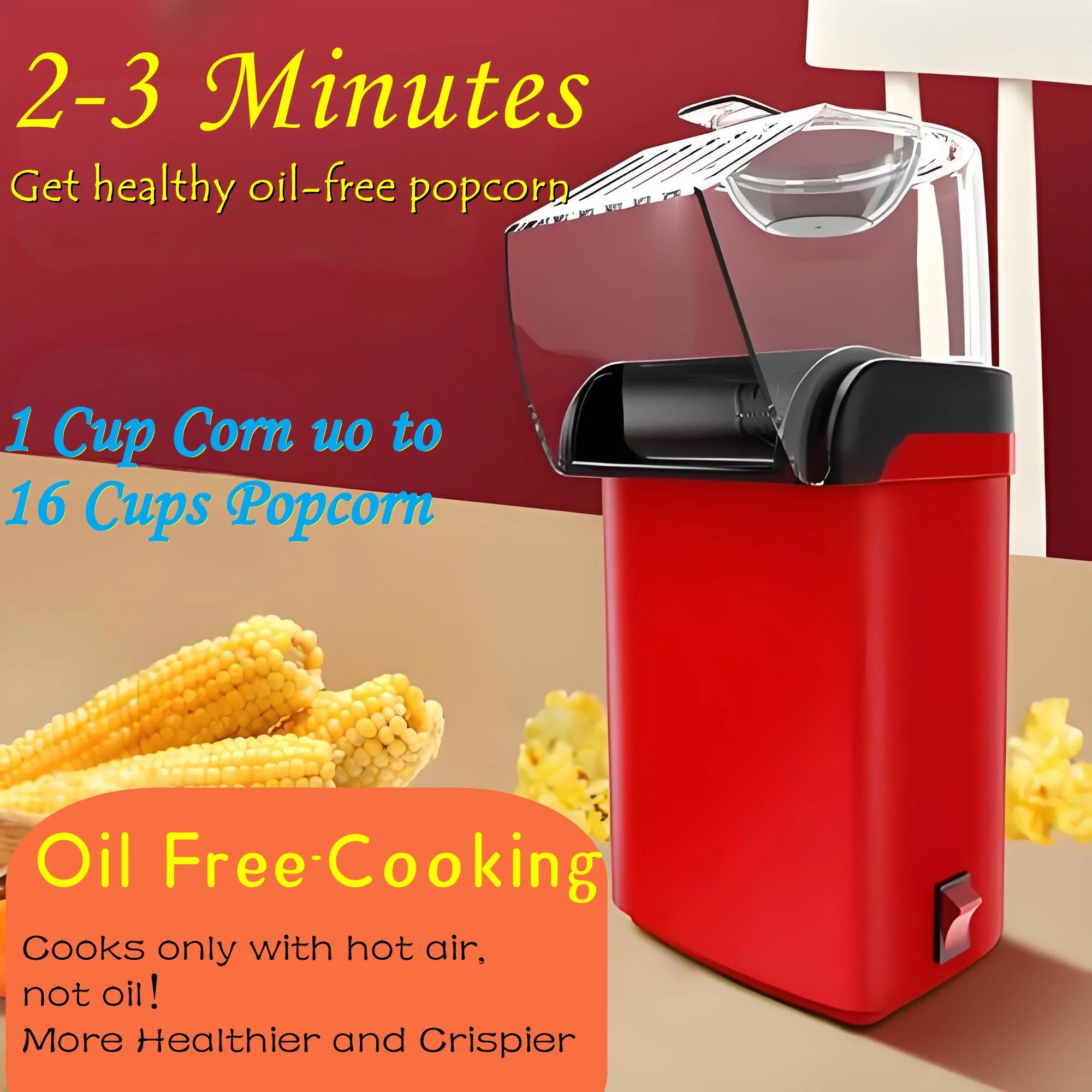 Electric Popcorn Popper, Hot Air Popcorn Maker, Butter Melting Tray, Large Capacity, Healthy Snack