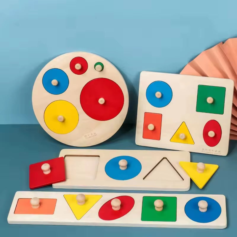 Montessori Wooden Puzzle Board Knob Wood Puzzle Geometric Shape & Color Sorter Puzzle Early Education Sensorial Toys for Toddler