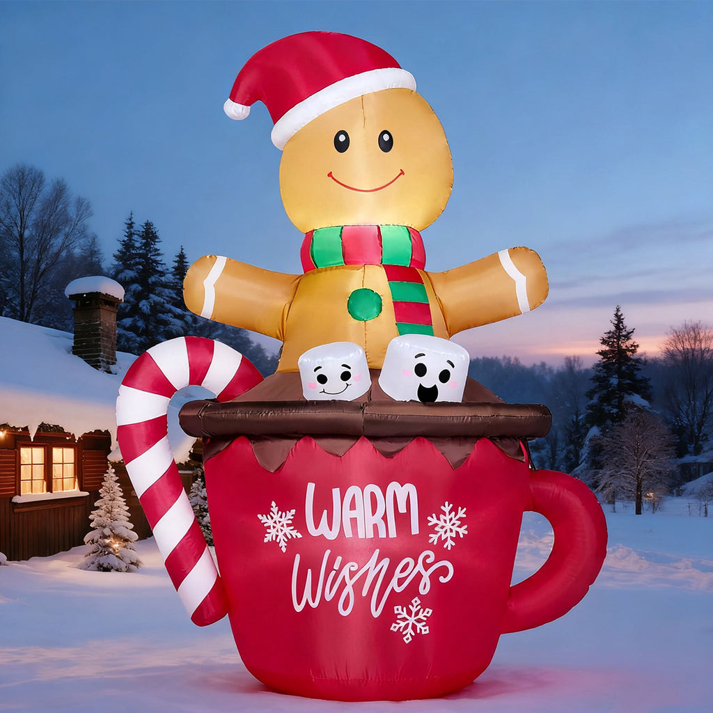 6 FT Christmas Inflatables Gingerbread Man Outdoor Decorations,Gingerbread Man Cocoa Mug Blow Ups Yard with Built-In Leds for Holiday Party Garden Lawn Decor