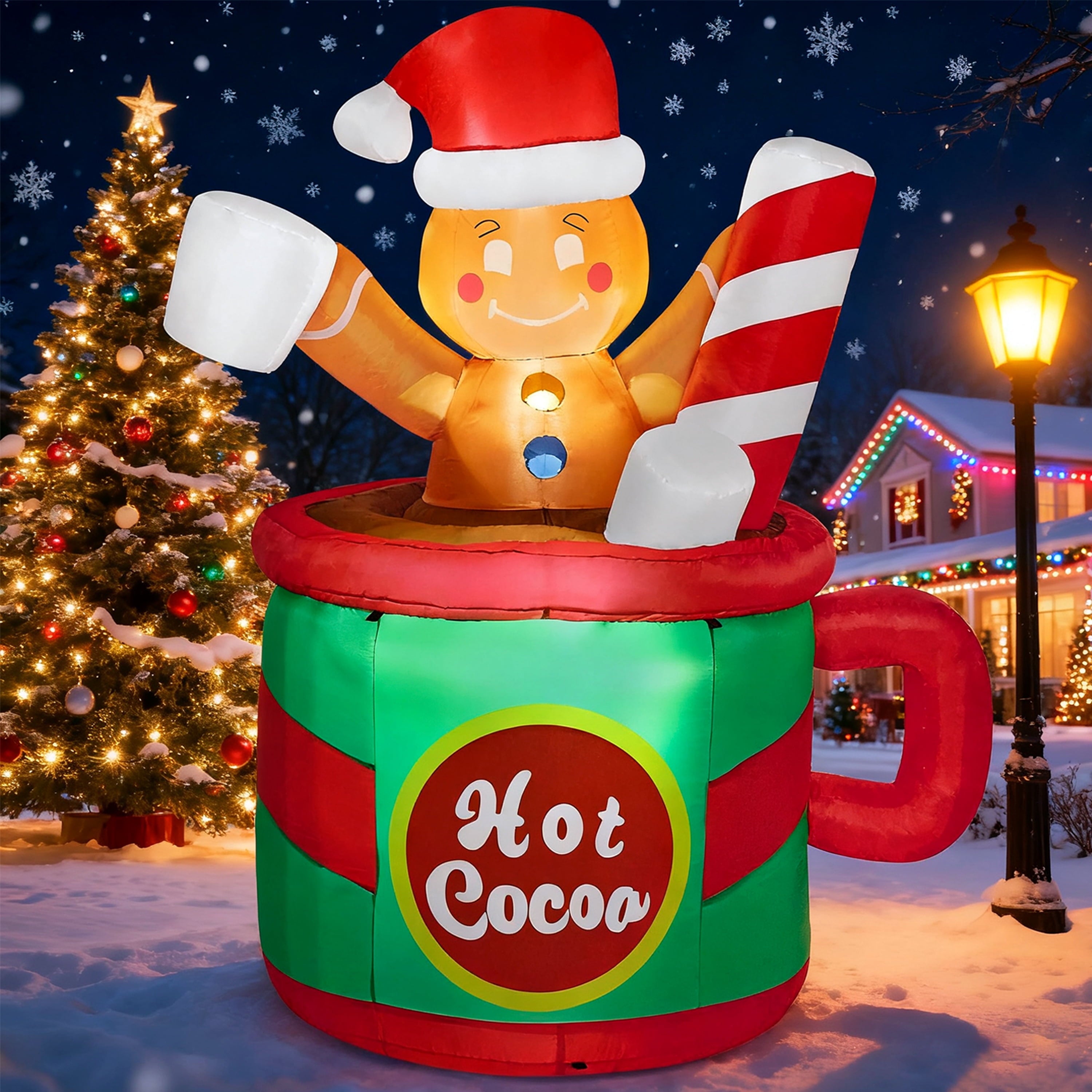 6 FT Christmas Inflatables Gingerbread Man Outdoor Decorations,Gingerbread Man Cocoa Mug Blow Ups Yard with Built-In Leds for Holiday Party Garden Lawn Decor