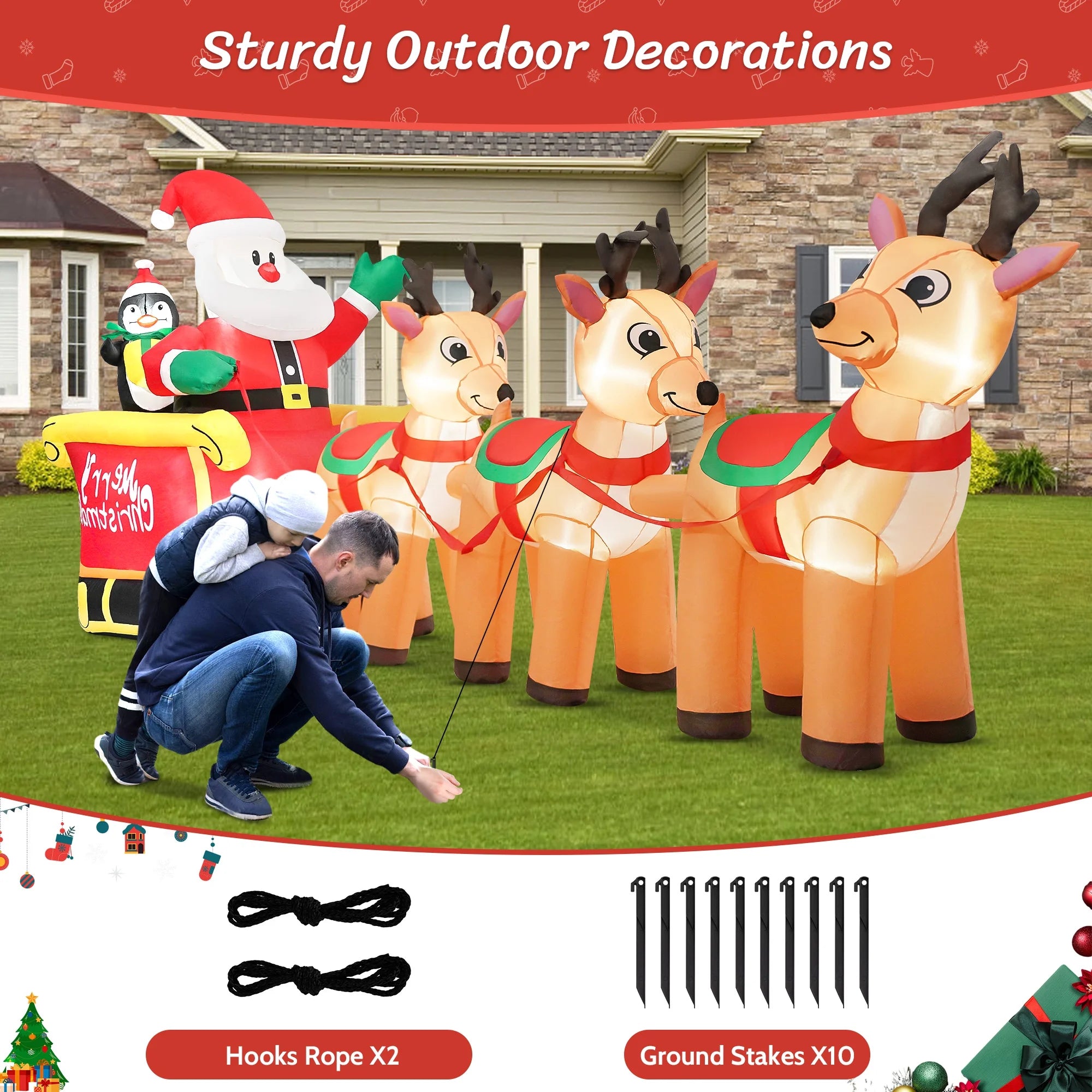 12Ft Christmas Inflatable Santa Claus on Sleigh with 3 Reindeer Outdoor Lights Decor for Holiday Decor,Xmas Party,Yard,Garden and Lawn