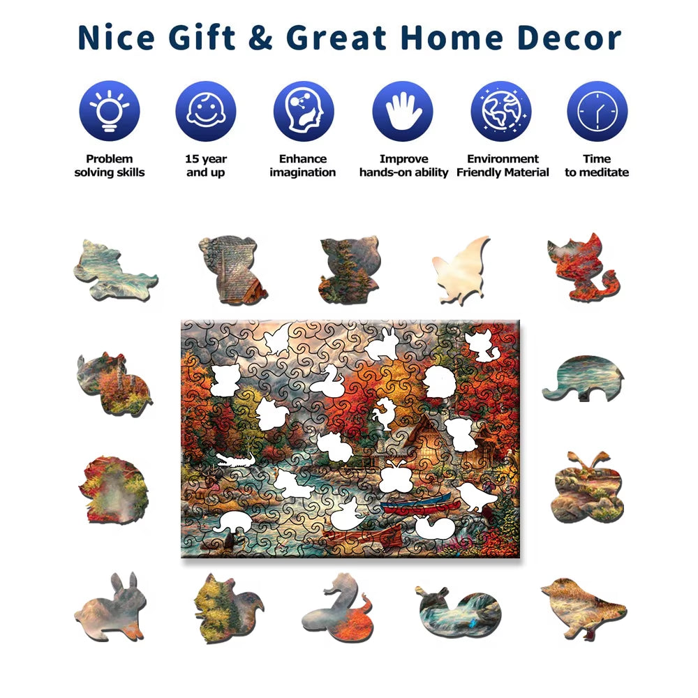 Autumn Mountains Wooden Jigsaw Puzzle Toys, Irregular Animal Shaped Pieces, Best Gift for Christmas and Thanksgiving