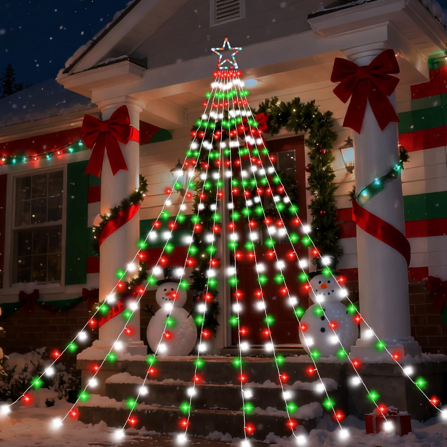 (New) Christmas Decoration Lights, 320 LED Waterfall Christmas Tree Lights with 12" Star Topper, 8 Modes Indoor Outdoor String Lights for Yard, Party, Home, Holiday (Warm White)