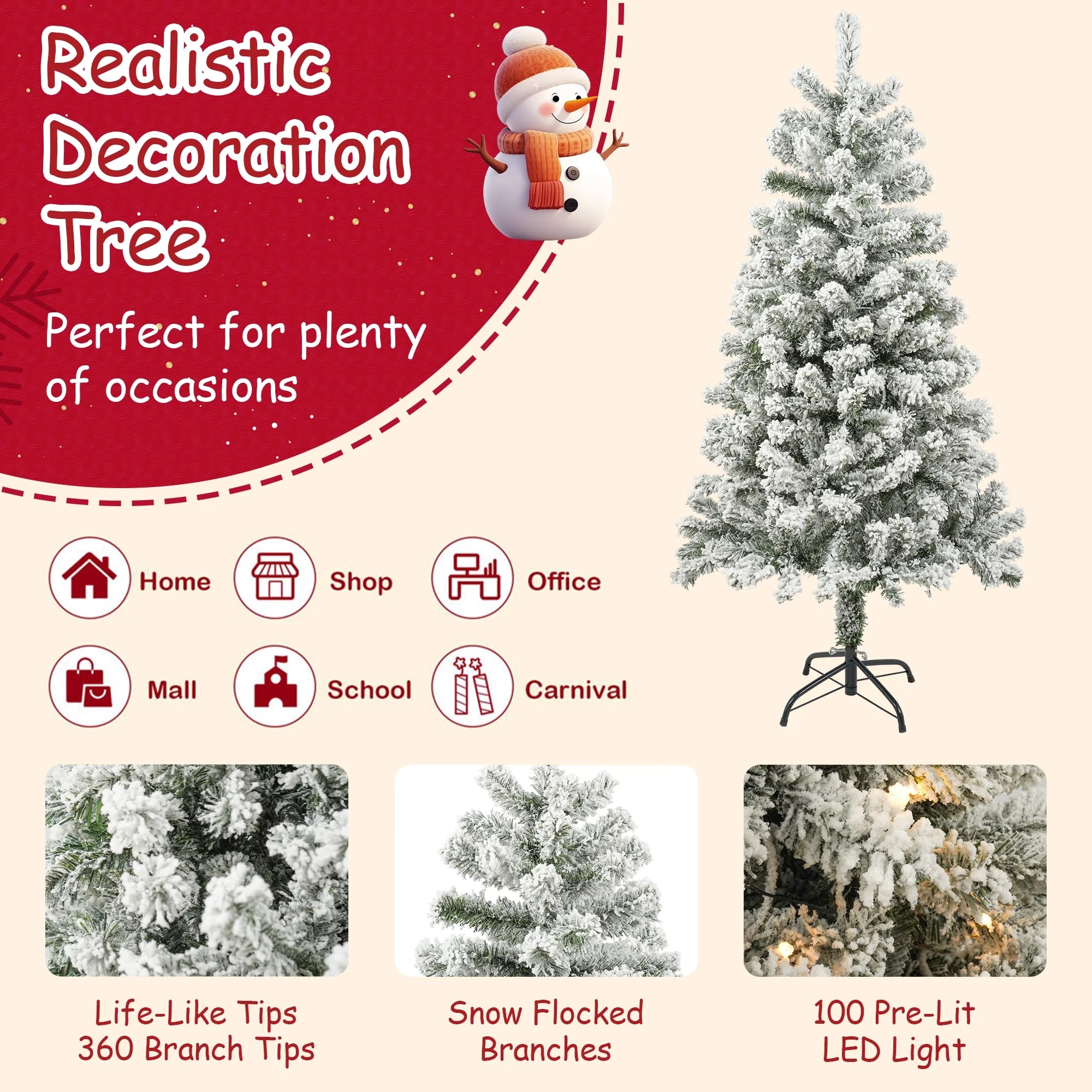 4FT Pre-Lit Flocked Christmas Tree with 360 Branch Tips, Snow Artificial Xmas Tree with 100 LED Lights for Holiday, Outdoor, Indoor, Home