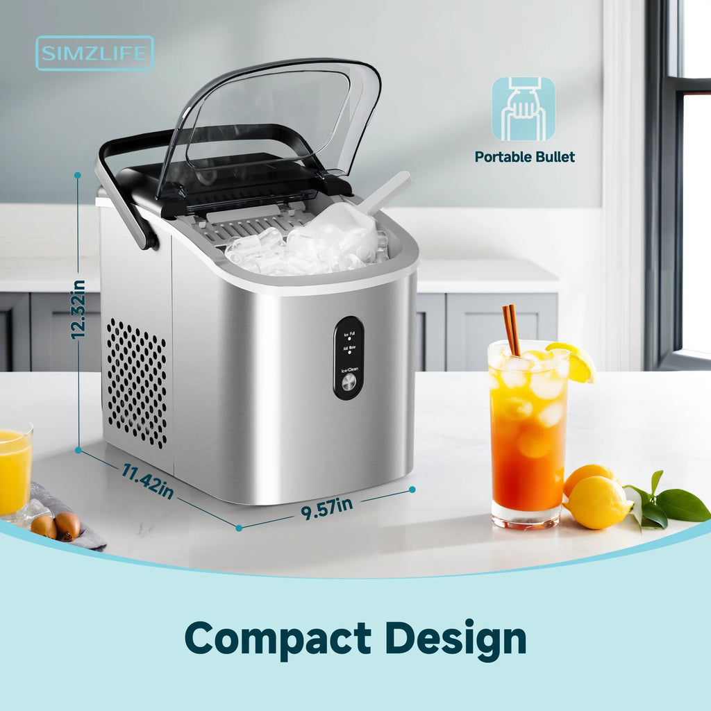 Countertop Ice Maker with Handle,Portable Ice Machine with Basket and Scoop, 9 Bullet Ice in 6 Mins, 26Lbs/24H, Self-Cleaning