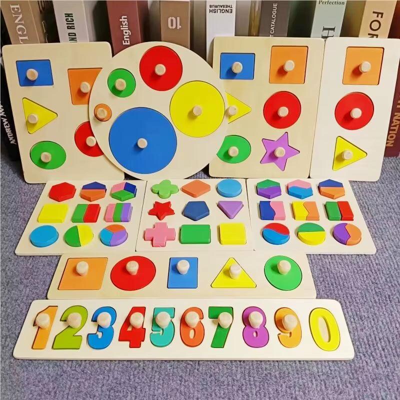 Montessori Wooden Puzzle Board Knob Wood Puzzle Geometric Shape & Color Sorter Puzzle Early Education Sensorial Toys for Toddler