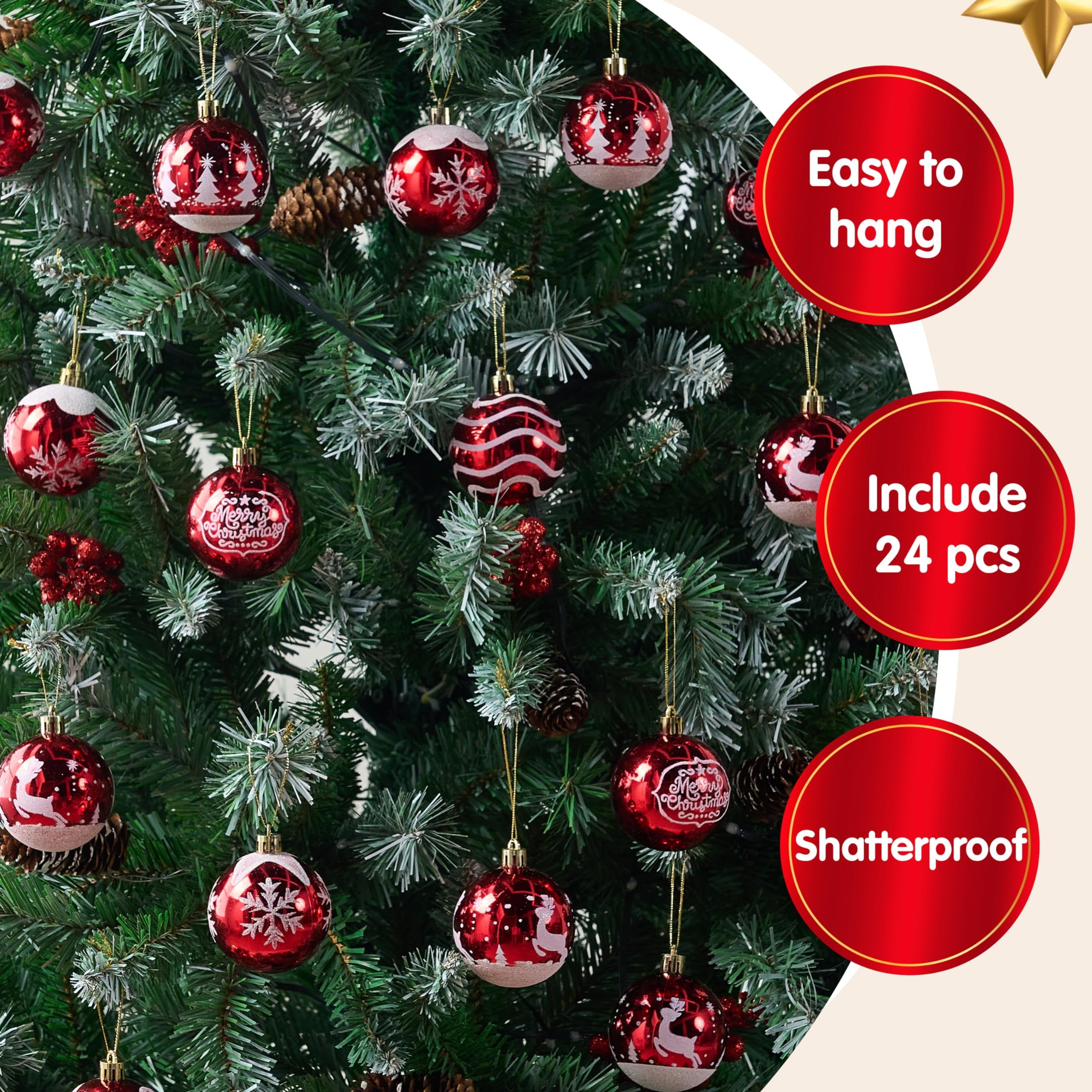 24 Pcs Christmas Ball Ornaments 2.3" Painting & Glittering Shatterproof Christmas Ornaments for Holidays, Party Decoration, Tree Ornaments, and Special Events (Red&White)