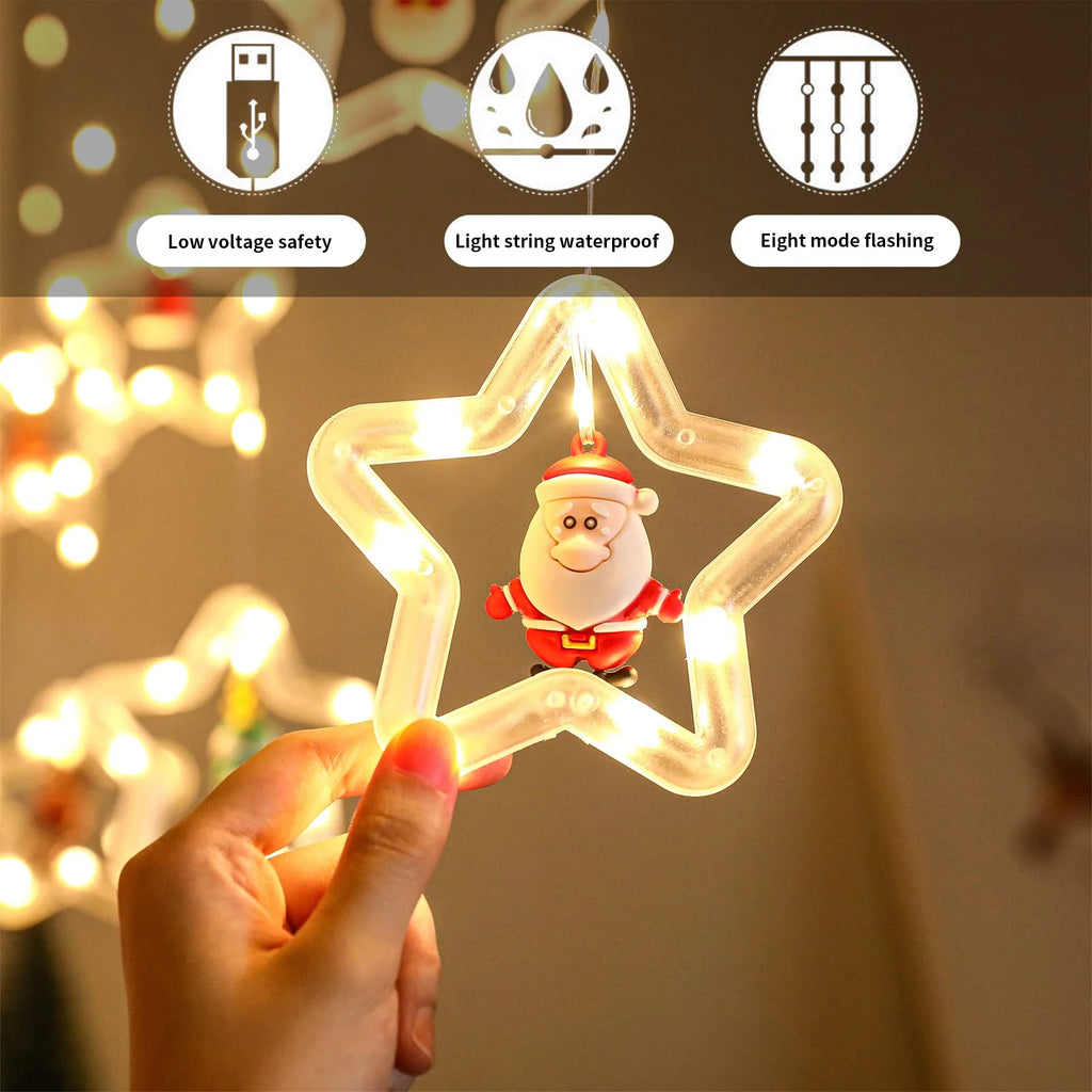 Christmas Star Window Lights Indoor, Cute Christmas Window Curtain Lights Decor with Remote, 10 Ft LED Christmas Decorations Curtain String Lights for Bedroom