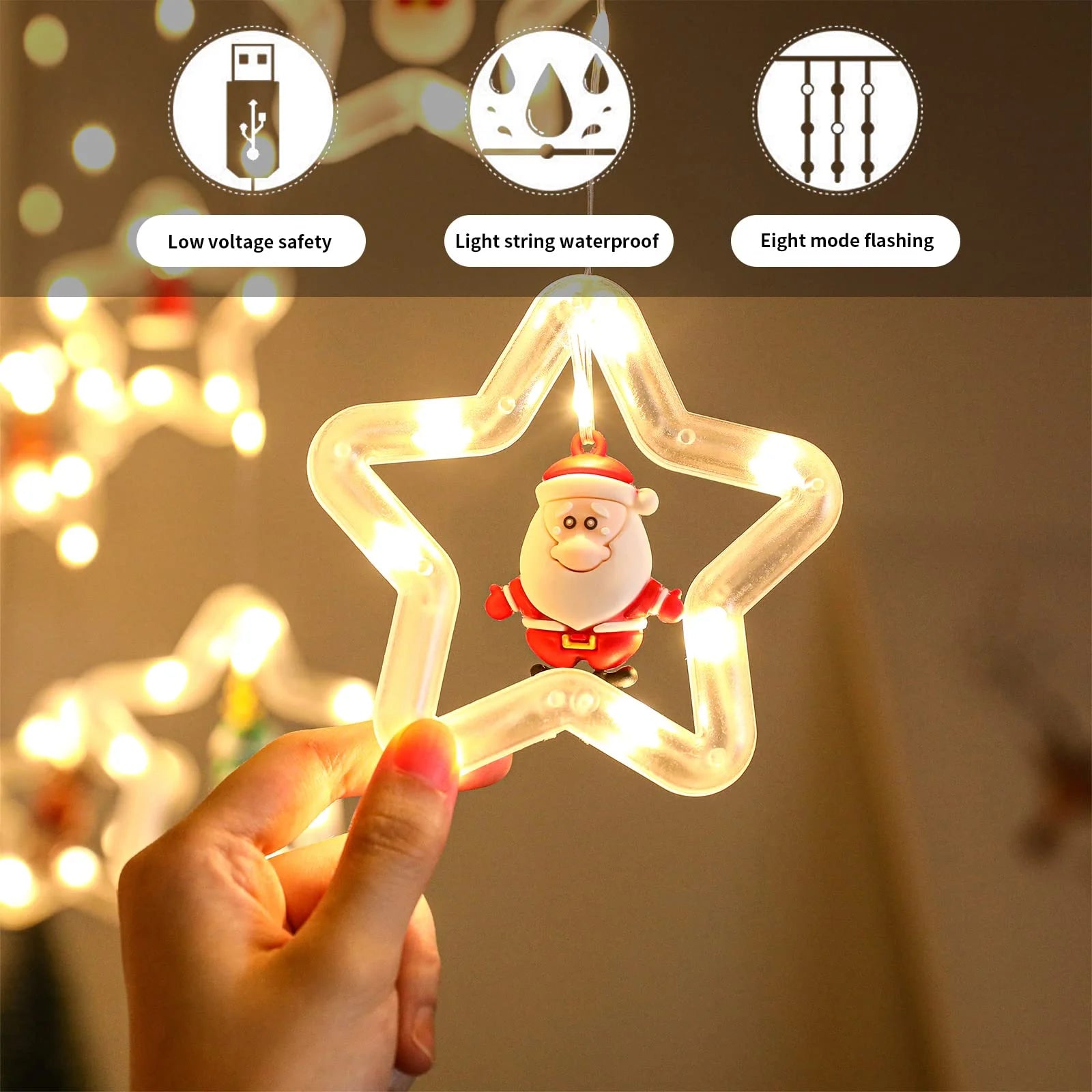 Christmas Star Window Lights Indoor, Cute Christmas Window Curtain Lights Decor with Remote, 10 Ft LED Christmas Decorations Curtain String Lights for Bedroom