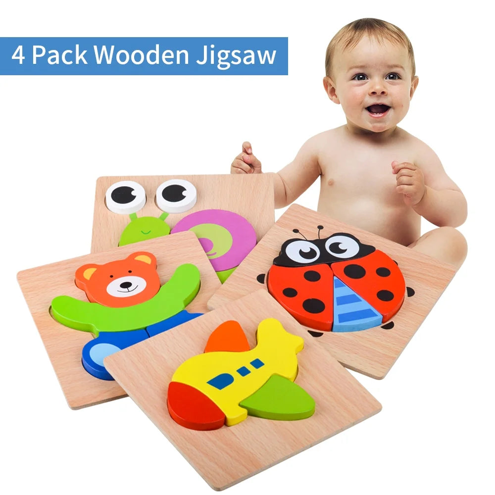Wooden Puzzles for 1-3 Year Old Toddlers Jigsaw Puzzles with 4 Shape for Baby Boys Age 1 2 3, Animal Shape Montessor Toy Early Learning Preschool Educational Gifts for 1-3 Year Old Kids