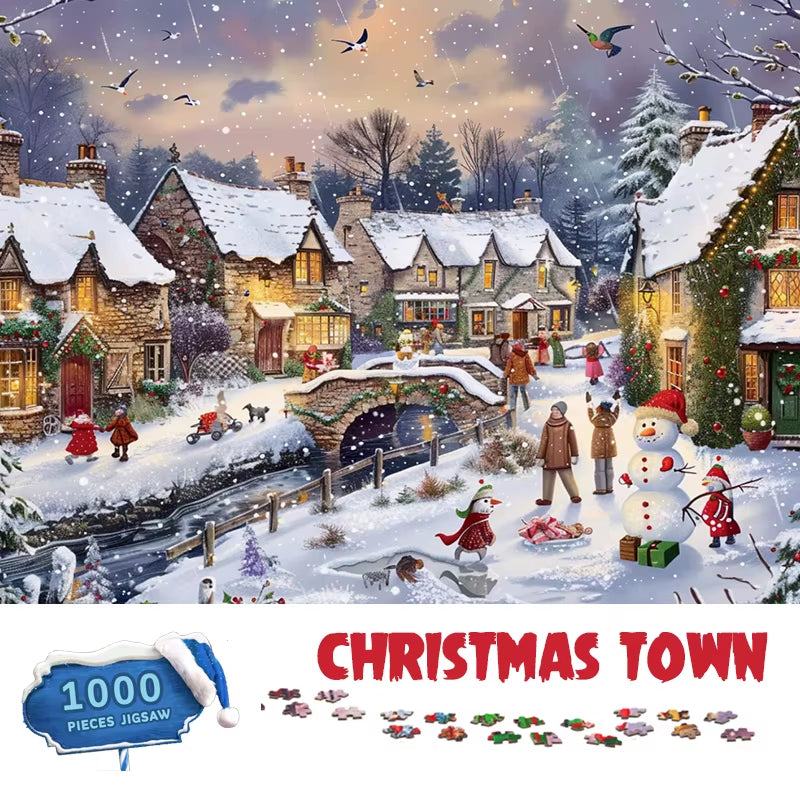 Merry Christmas Puzzle 1000Pieces Paper Puzzle Adult Puzzle 70*50Cm Christmas Town Difficulty Jigsaw Puzzles Home Wall Decro