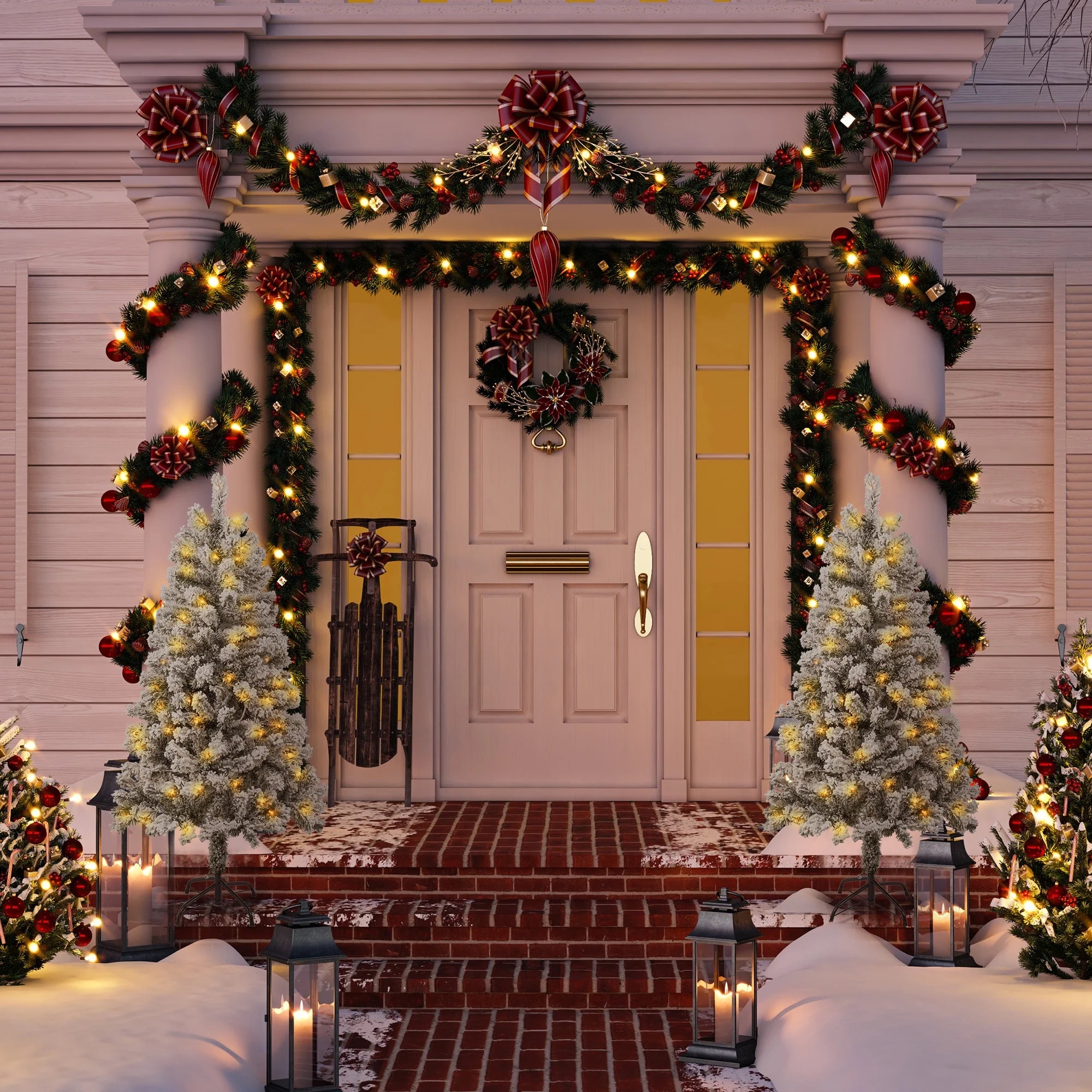 4FT Pre-Lit Flocked Christmas Tree with 360 Branch Tips, Snow Artificial Xmas Tree with 100 LED Lights for Holiday, Outdoor, Indoor, Home