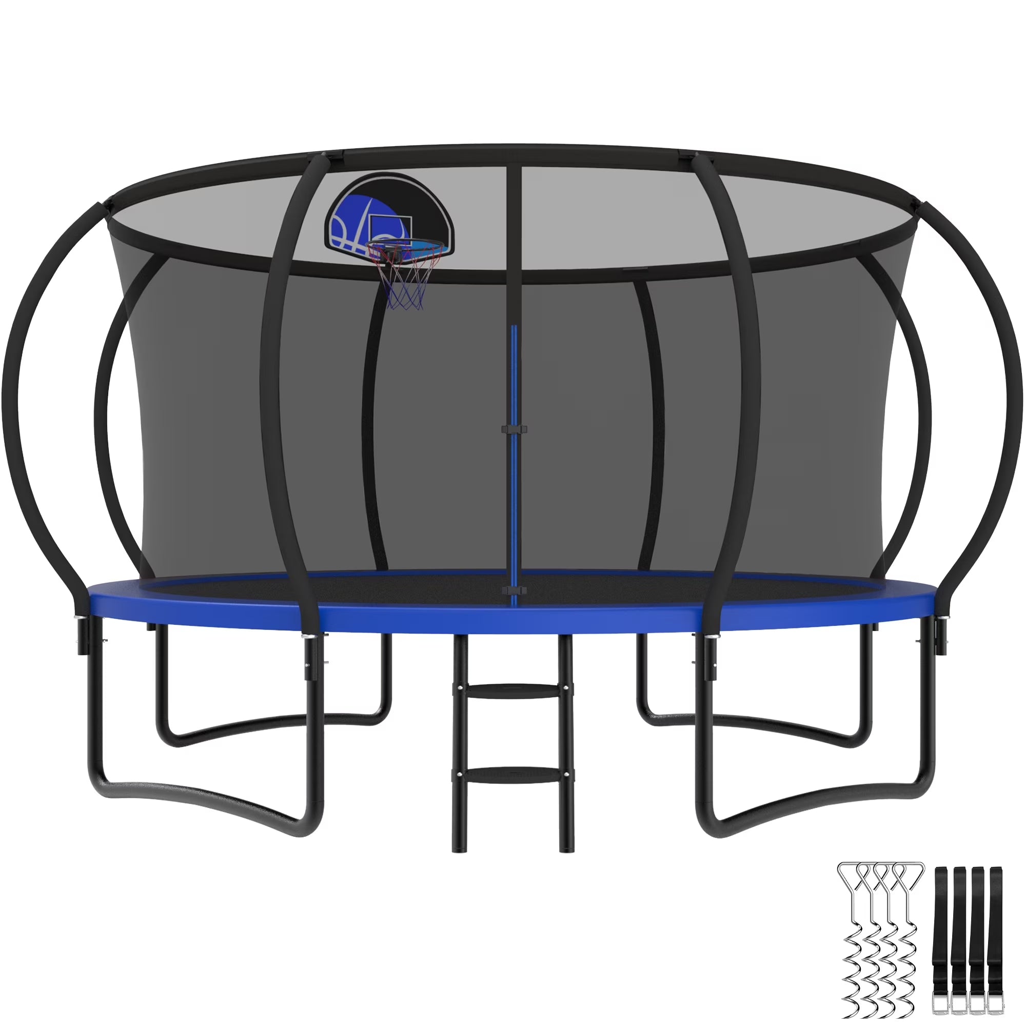 Trampoline, 14 FT Trampoline for 7-8 Kids Adults with Enclosure Net, Basketball Hoop, Ladder, Wind Stakes, 1400LBS Weight Capacity round Outdoor Recreational Trampoline, Heavy Duty Trampoline