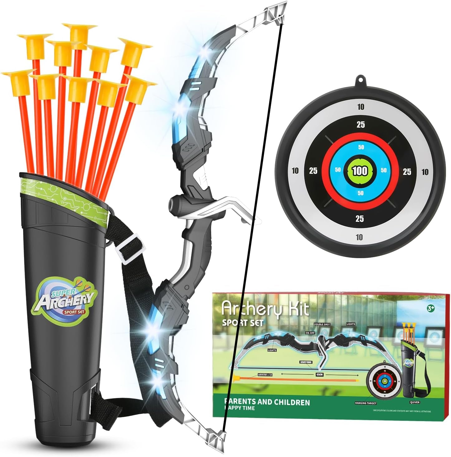Kids Bow and Arrow Set, LED Light up Archery Toys Set for Kids Ages 4-8 8-12, Wi