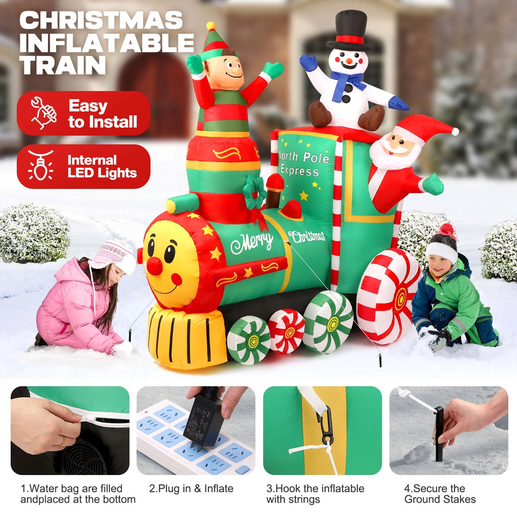 6 X 5Ft Pre-Lit Inflatables Christmas Outdoor Decoration, Santa on Train Outdoor Christmas Decoration