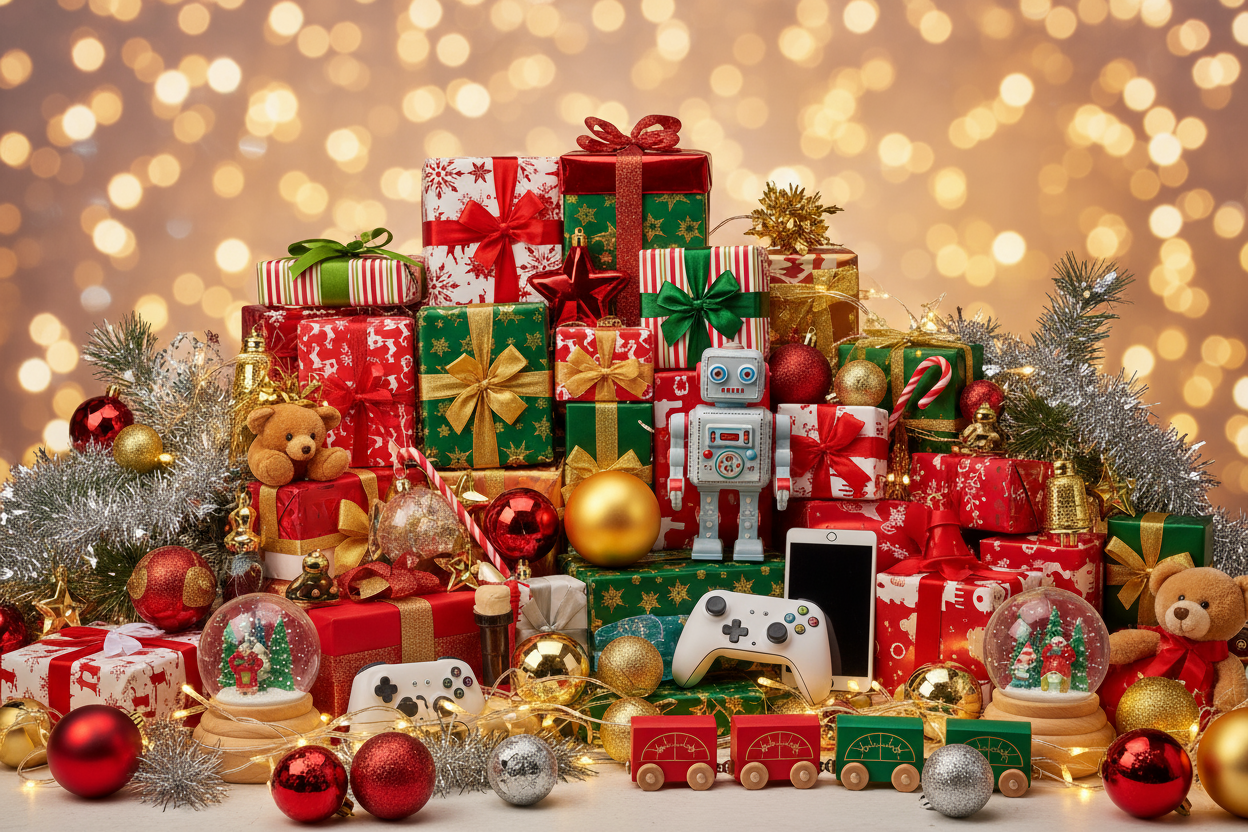 Christmas background with like toys, gadgets, and decorations