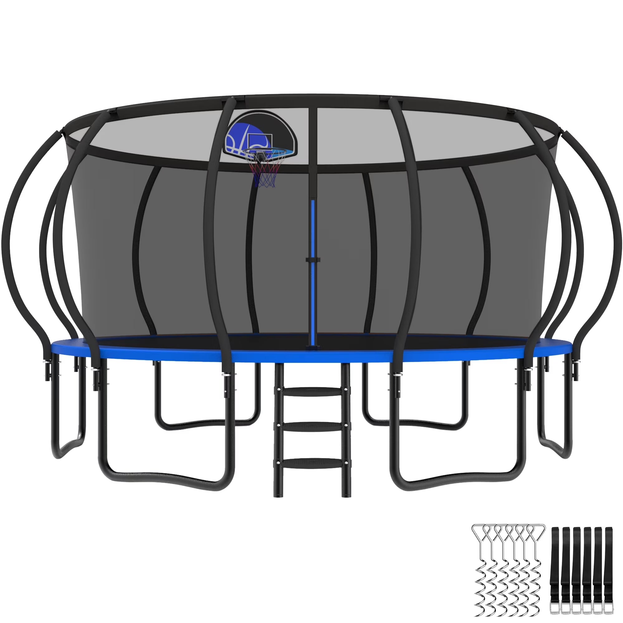 Trampoline, 14 FT Trampoline for 7-8 Kids Adults with Enclosure Net, Basketball Hoop, Ladder, Wind Stakes, 1400LBS Weight Capacity round Outdoor Recreational Trampoline, Heavy Duty Trampoline