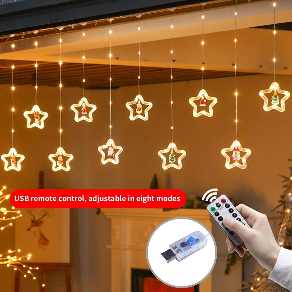 Christmas Star Window Lights Indoor, Cute Christmas Window Curtain Lights Decor with Remote, 10 Ft LED Christmas Decorations Curtain String Lights for Bedroom