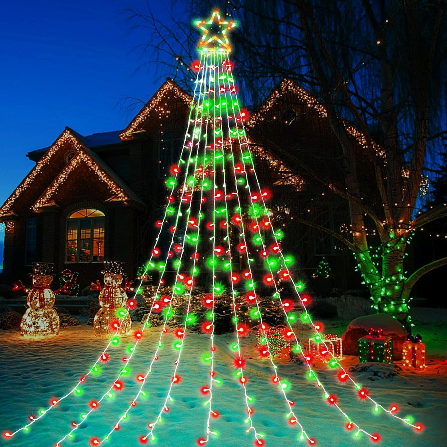 (New) Christmas Decoration Lights, 320 LED Waterfall Christmas Tree Lights with 12" Star Topper, 8 Modes Indoor Outdoor String Lights for Yard, Party, Home, Holiday (Warm White)