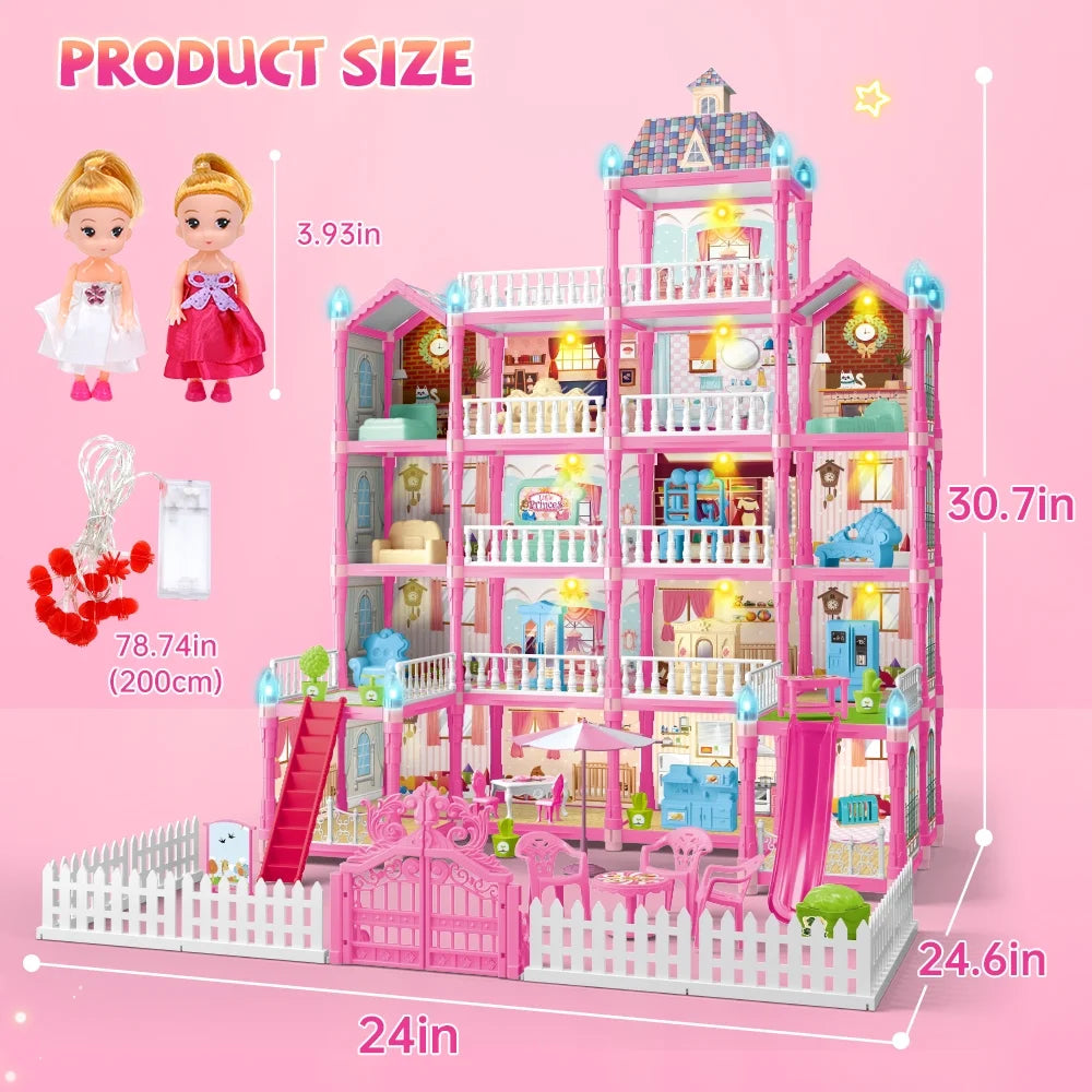 Doll House for Girls, 5-Story 19 Rooms Huge Dollhouse Playset with LED Lights, 2 Dolls, Furnitures, Accessories, DIY Pretend Play House Toys Gifts for Kids, Pink