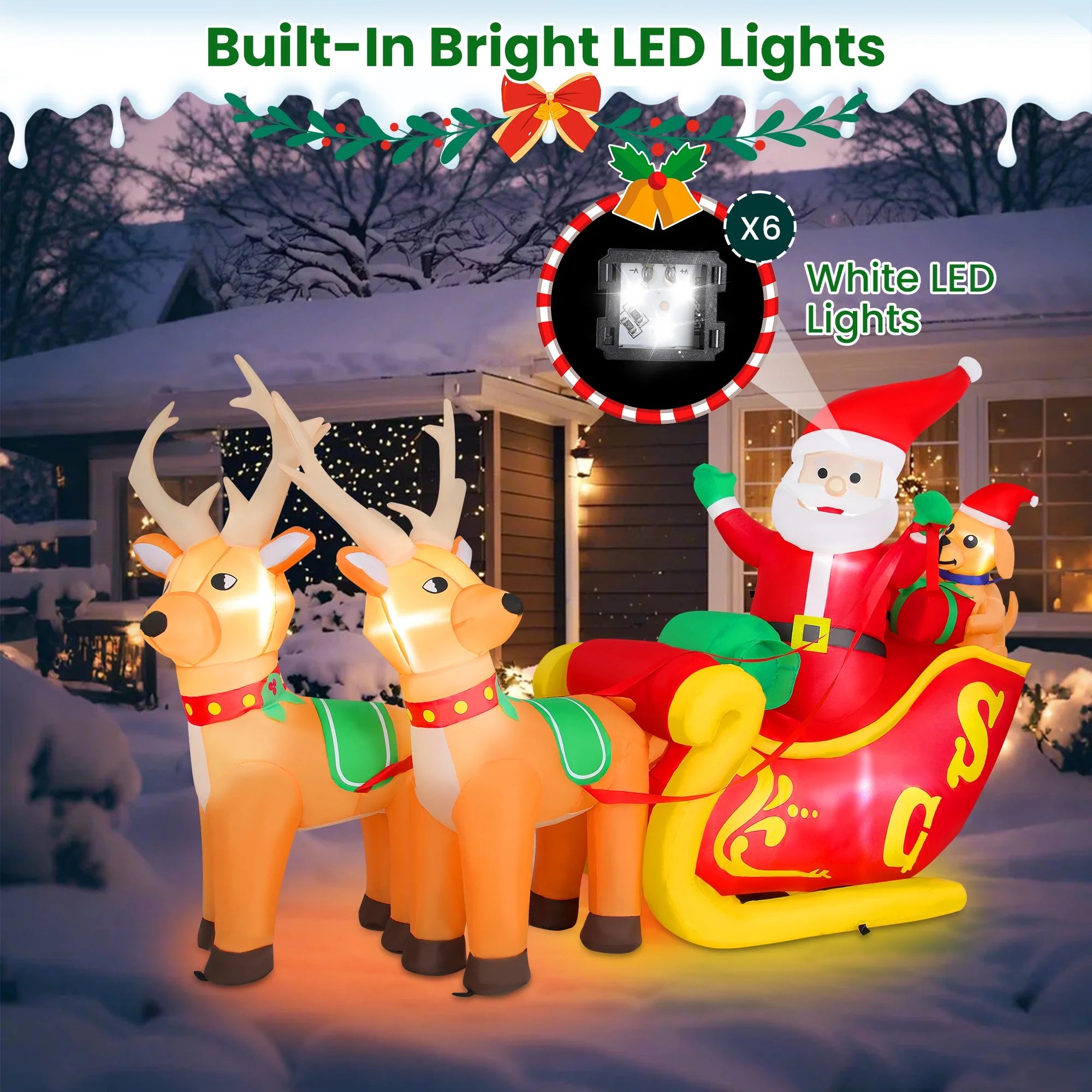 7Ft Christmas Inflatables Outdoor Decoration Santa Claus on Sleigh with Reindeer