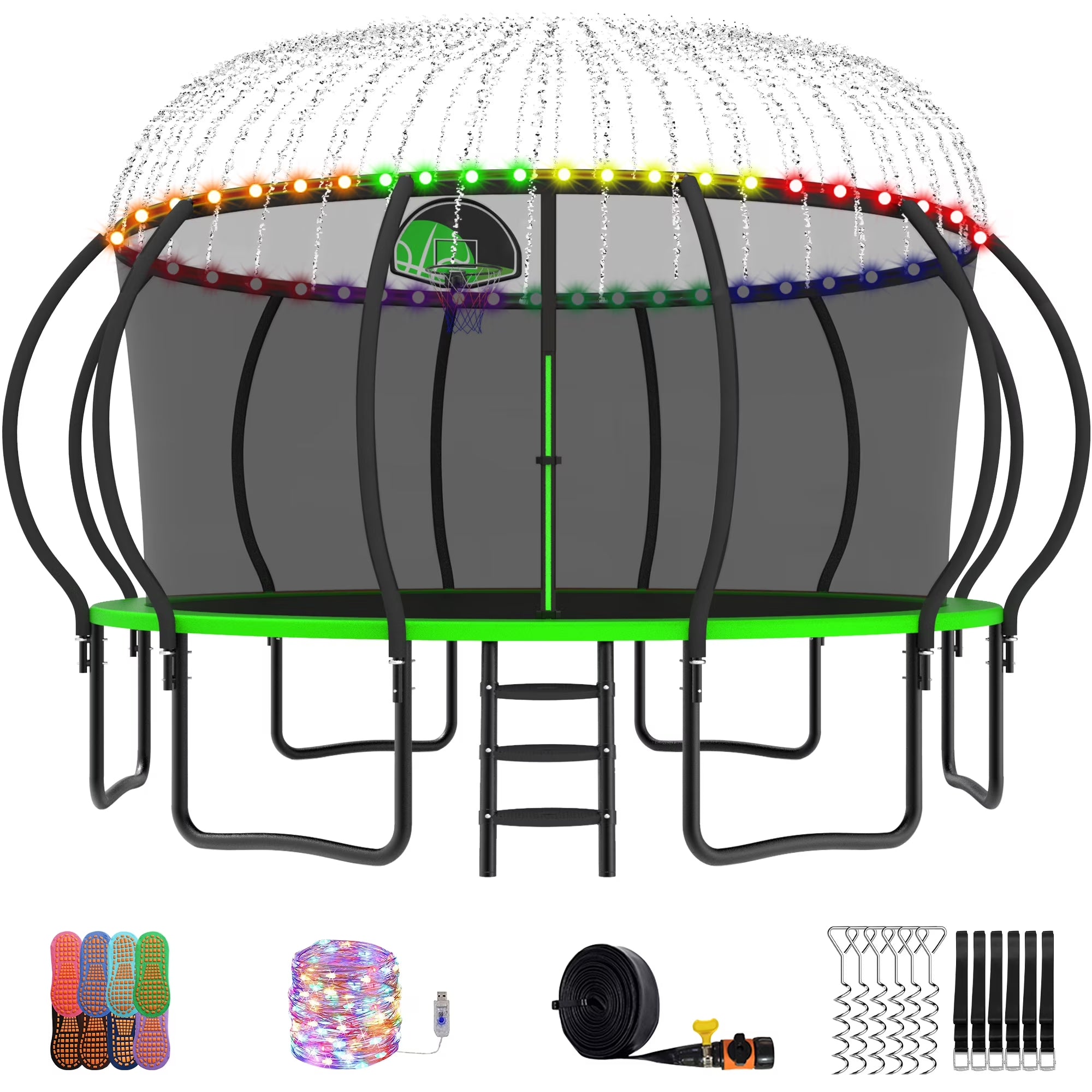 Trampoline, 14 FT Trampoline for 7-8 Kids Adults with Enclosure Net, Basketball Hoop, Ladder, Wind Stakes, 1400LBS Weight Capacity round Outdoor Recreational Trampoline, Heavy Duty Trampoline