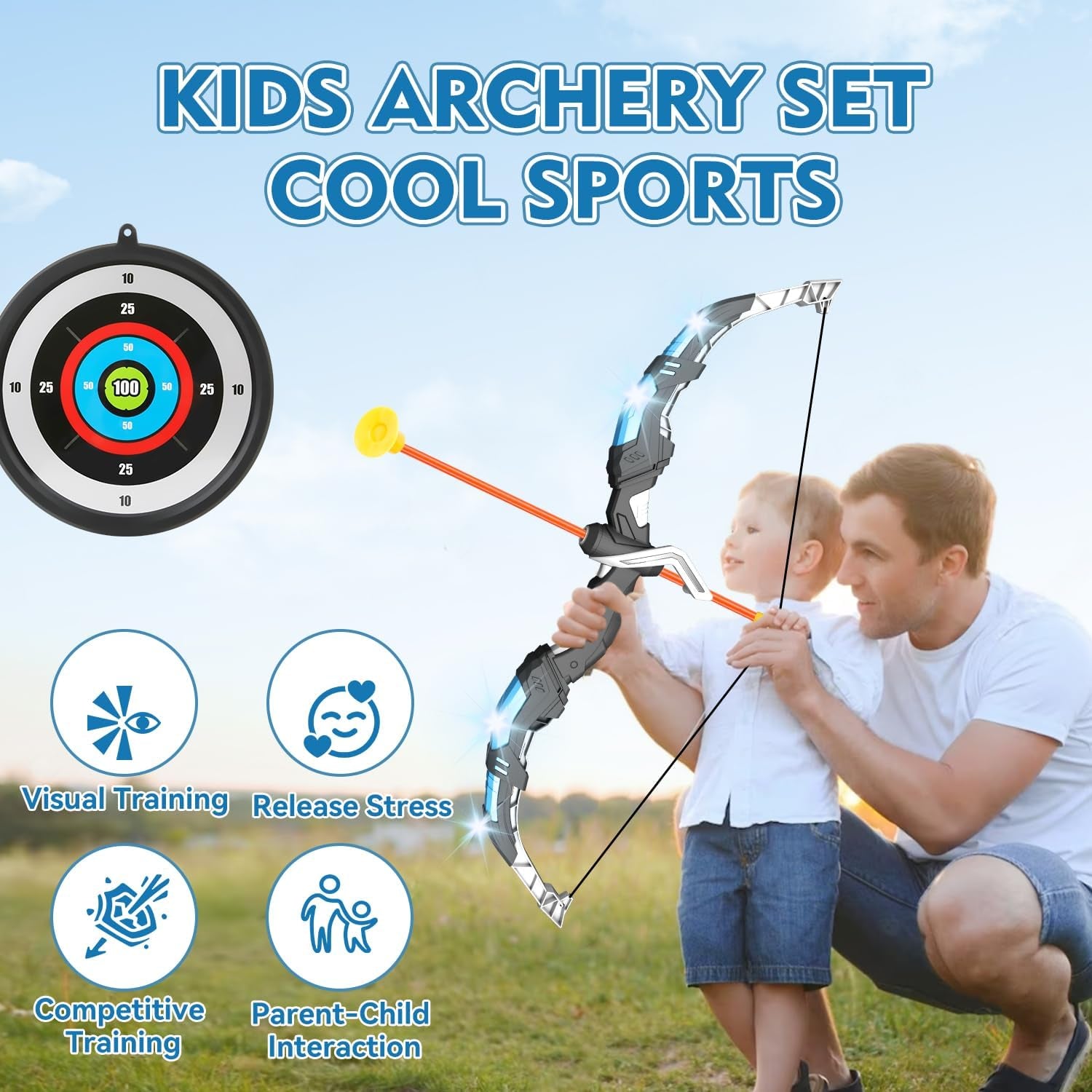 Kids Bow and Arrow Set, LED Light up Archery Toys Set for Kids Ages 4-8 8-12, Wi