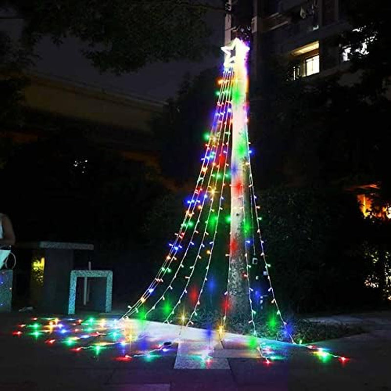 Outdoor Christmas Star String Lights, 317 LED 8 Modes Waterfall Tree Lights with Topper - Multicolor for Yard & Home
