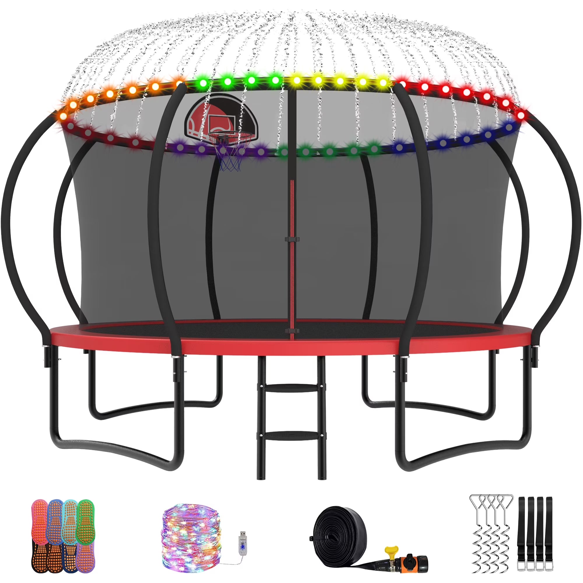 Trampoline, 14 FT Trampoline for 7-8 Kids Adults with Enclosure Net, Basketball Hoop, Ladder, Wind Stakes, 1400LBS Weight Capacity round Outdoor Recreational Trampoline, Heavy Duty Trampoline
