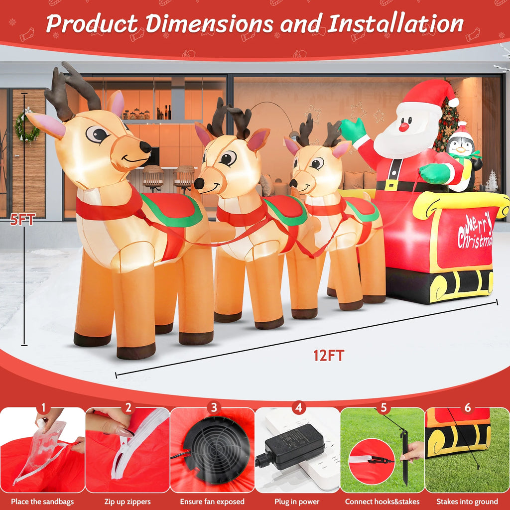 12Ft Christmas Inflatable Santa Claus on Sleigh with 3 Reindeer Outdoor Lights Decor for Holiday Decor,Xmas Party,Yard,Garden and Lawn