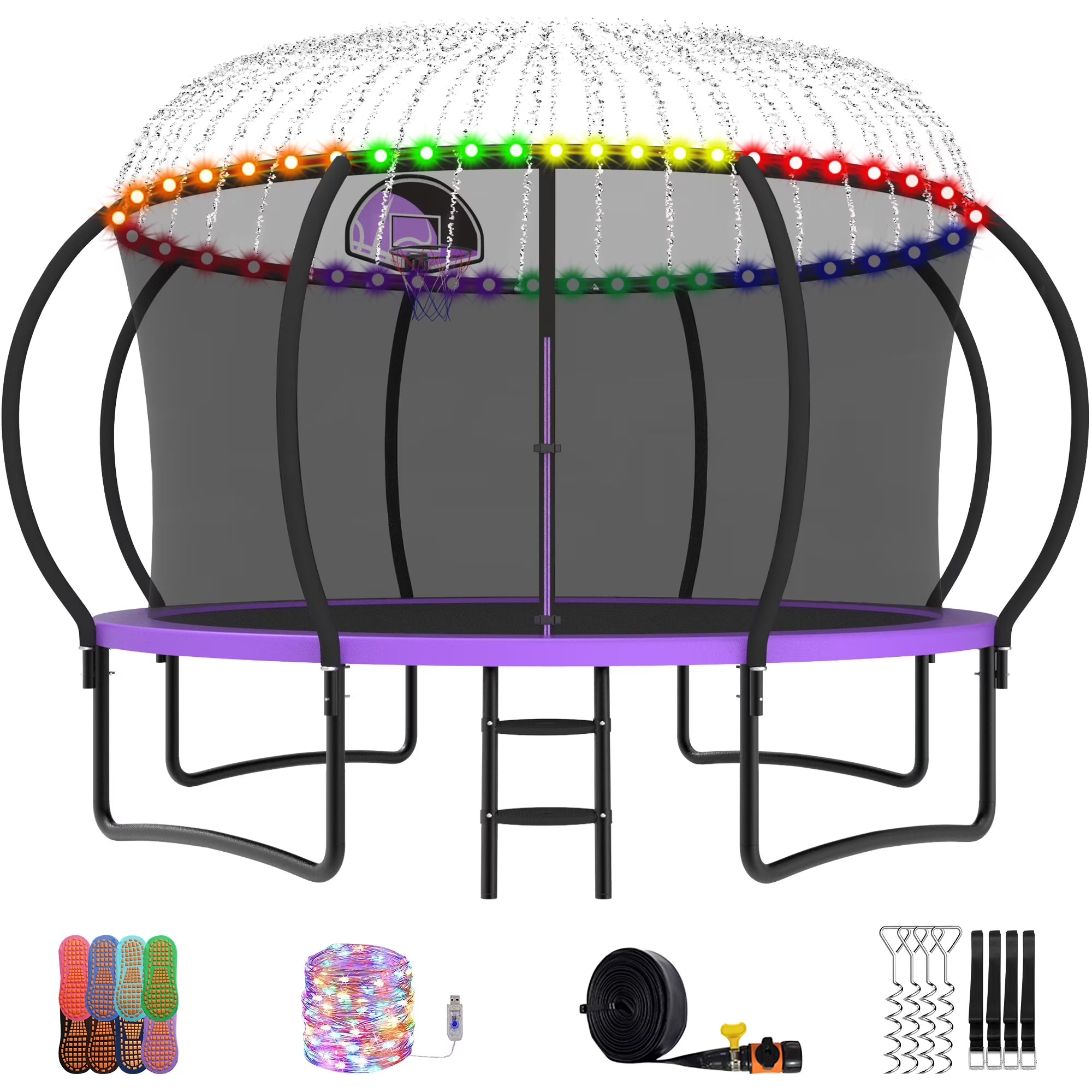 Trampoline, 14 FT Trampoline for 7-8 Kids Adults with Enclosure Net, Basketball Hoop, Ladder, Wind Stakes, 1400LBS Weight Capacity round Outdoor Recreational Trampoline, Heavy Duty Trampoline