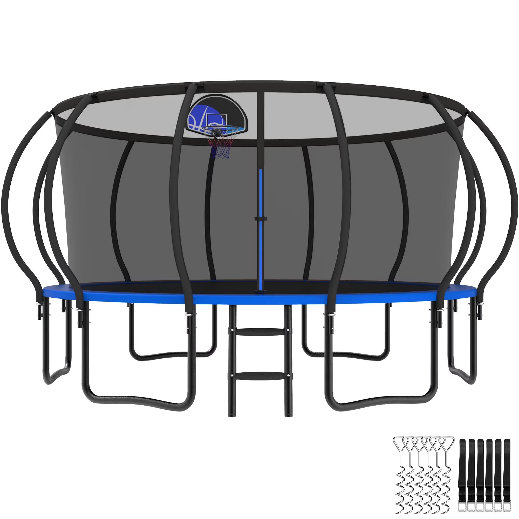 Trampoline, 14 FT Trampoline for 7-8 Kids Adults with Enclosure Net, Basketball Hoop, Ladder, Wind Stakes, 1400LBS Weight Capacity round Outdoor Recreational Trampoline, Heavy Duty Trampoline