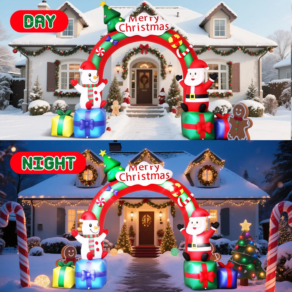 10FT Christmas Inflatable Archway Santa Claus and Snowman with Bow LED Lights Yard Art Decoration