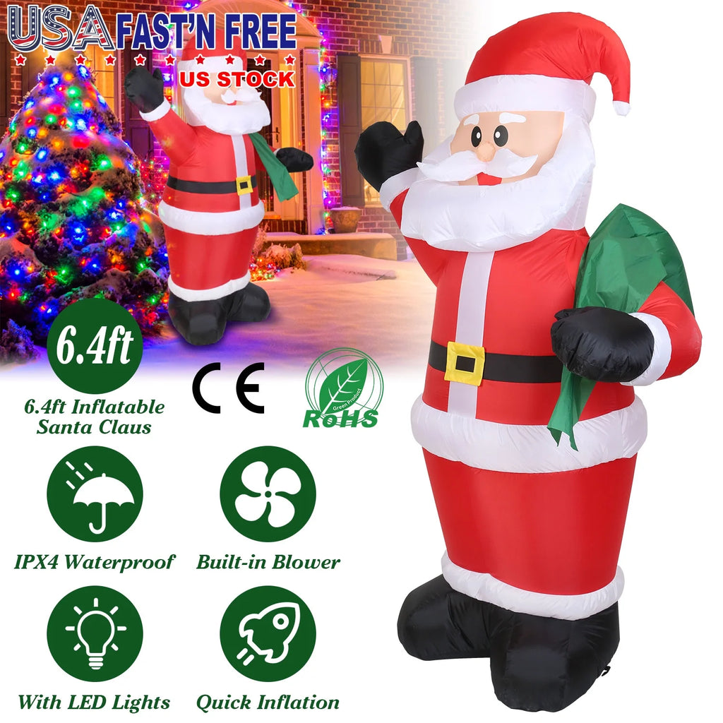 6.4Ft Inflatable Christmas Santa Claus, Light up Santa Claus with LED Lights Gift Bag Outdoor Yard Lawn Holiday Decoration