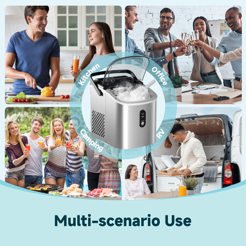 Countertop Ice Maker with Handle,Portable Ice Machine with Basket and Scoop, 9 Bullet Ice in 6 Mins, 26Lbs/24H, Self-Cleaning