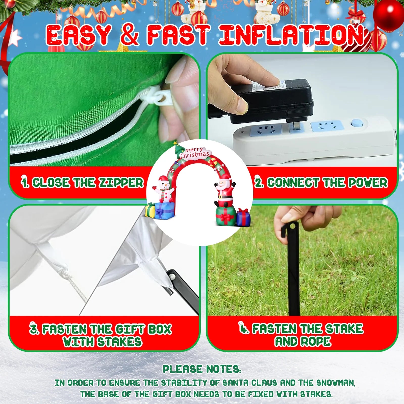 10FT Christmas Inflatable Archway Santa Claus and Snowman with Bow LED Lights Yard Art Decoration