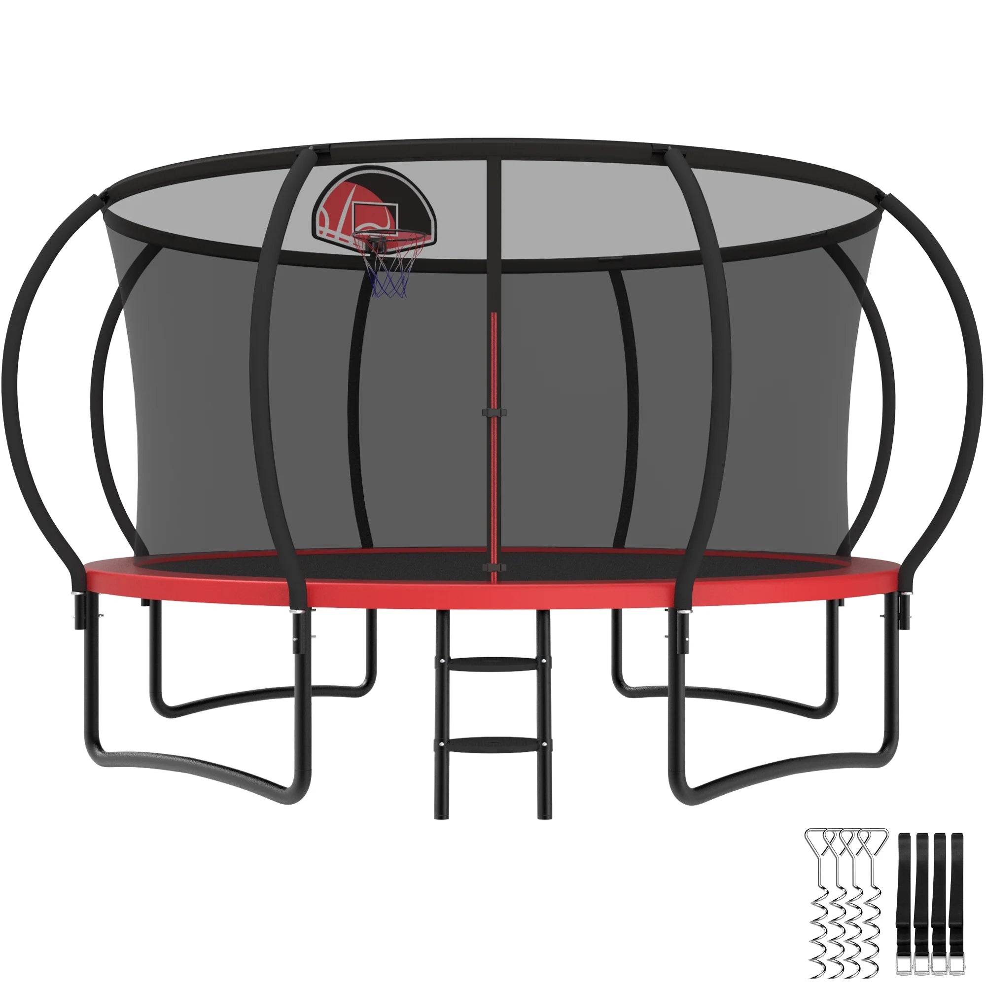 Trampoline, 14 FT Trampoline for 7-8 Kids Adults with Enclosure Net, Basketball Hoop, Ladder, Wind Stakes, 1400LBS Weight Capacity round Outdoor Recreational Trampoline, Heavy Duty Trampoline
