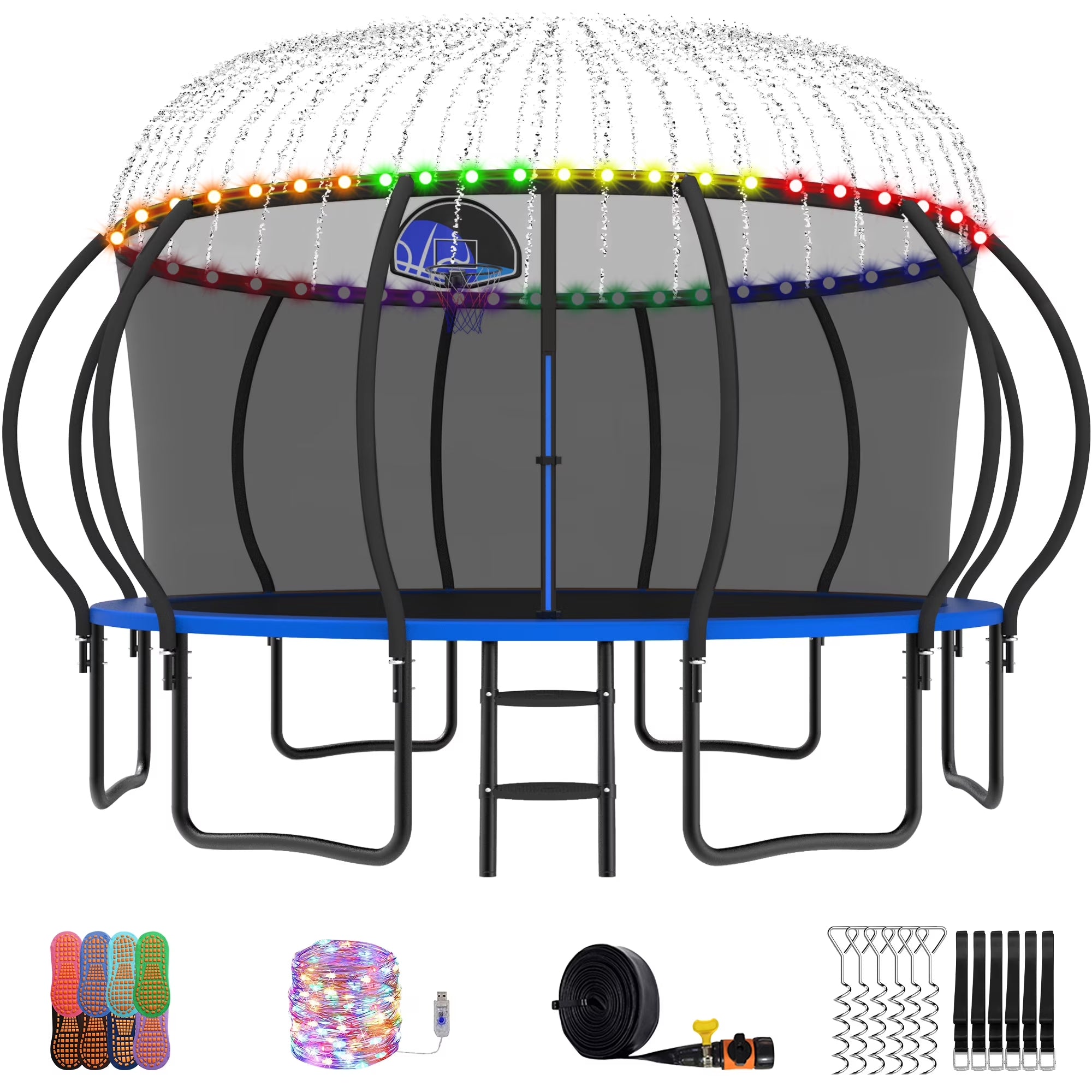 Trampoline, 14 FT Trampoline for 7-8 Kids Adults with Enclosure Net, Basketball Hoop, Ladder, Wind Stakes, 1400LBS Weight Capacity round Outdoor Recreational Trampoline, Heavy Duty Trampoline